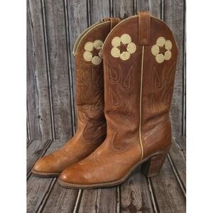 Sz 9 N Narrow Vintage ACME Dingo 70s Daisy Brown Leather Western Cowboy Boots